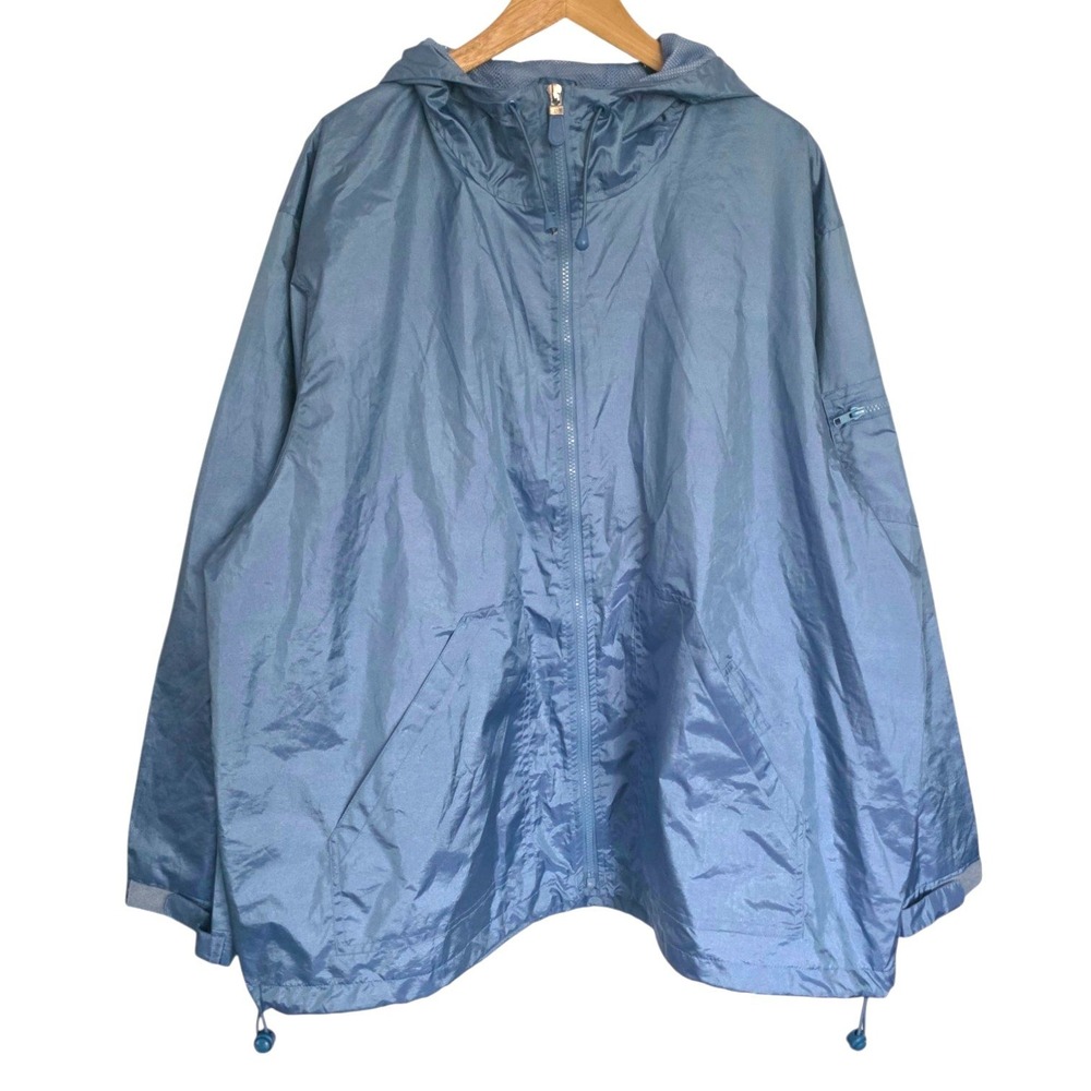 Y2K Delta Burke Blue Iridescent Rain Jacket Hooded Full Zip Plus Size 2X